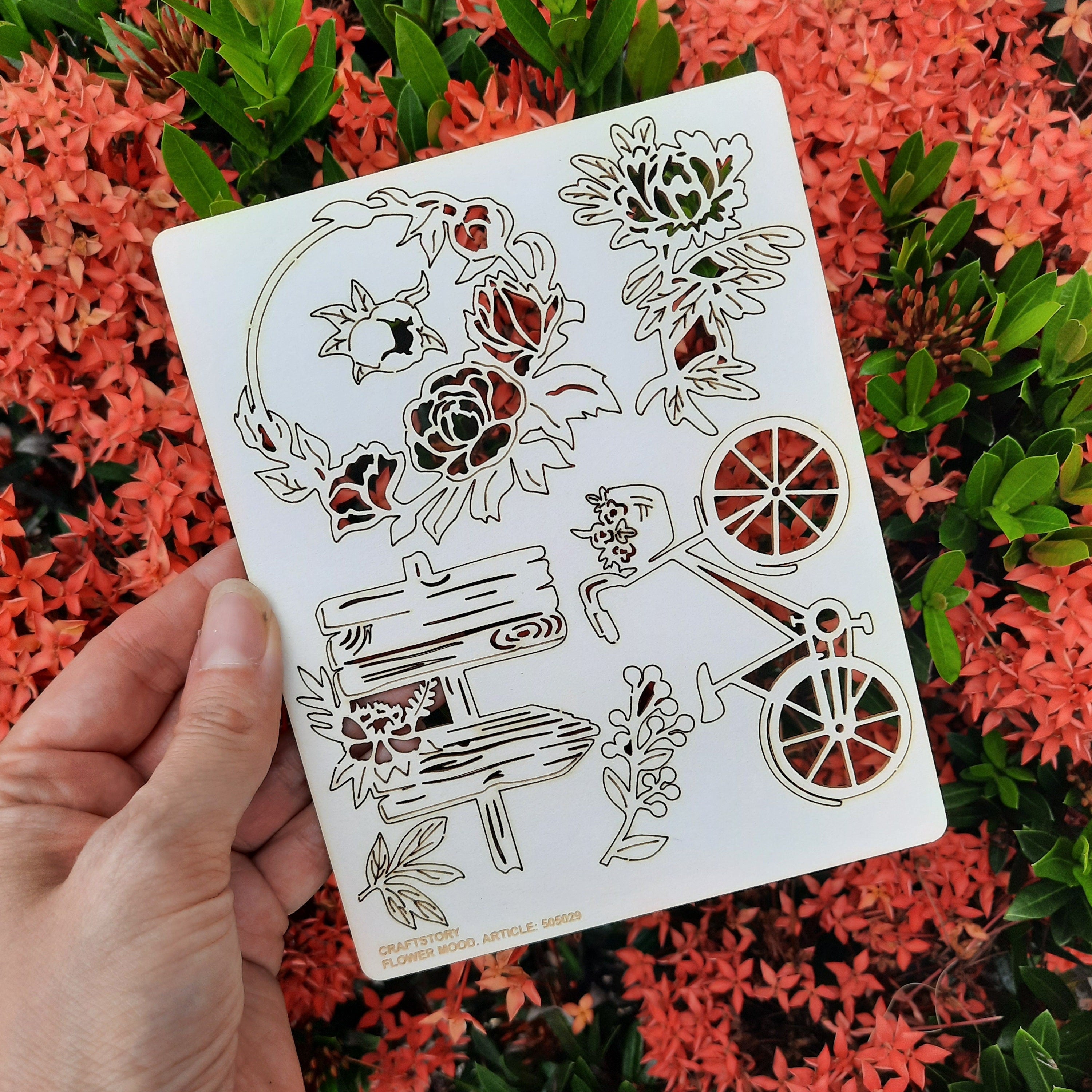 Chipboard, Laser Cut Chipboard, Chipboard Die Cuts, Laser Cut Board, Chipboard Shape, Floral mood, flowers, bicycle,bike, flower wreath