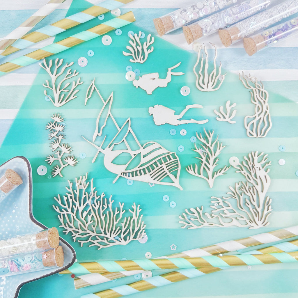 Laser Cut Chipboard - Diving, corals. Embellishments for Card Making, Scrapbooking and Crafting