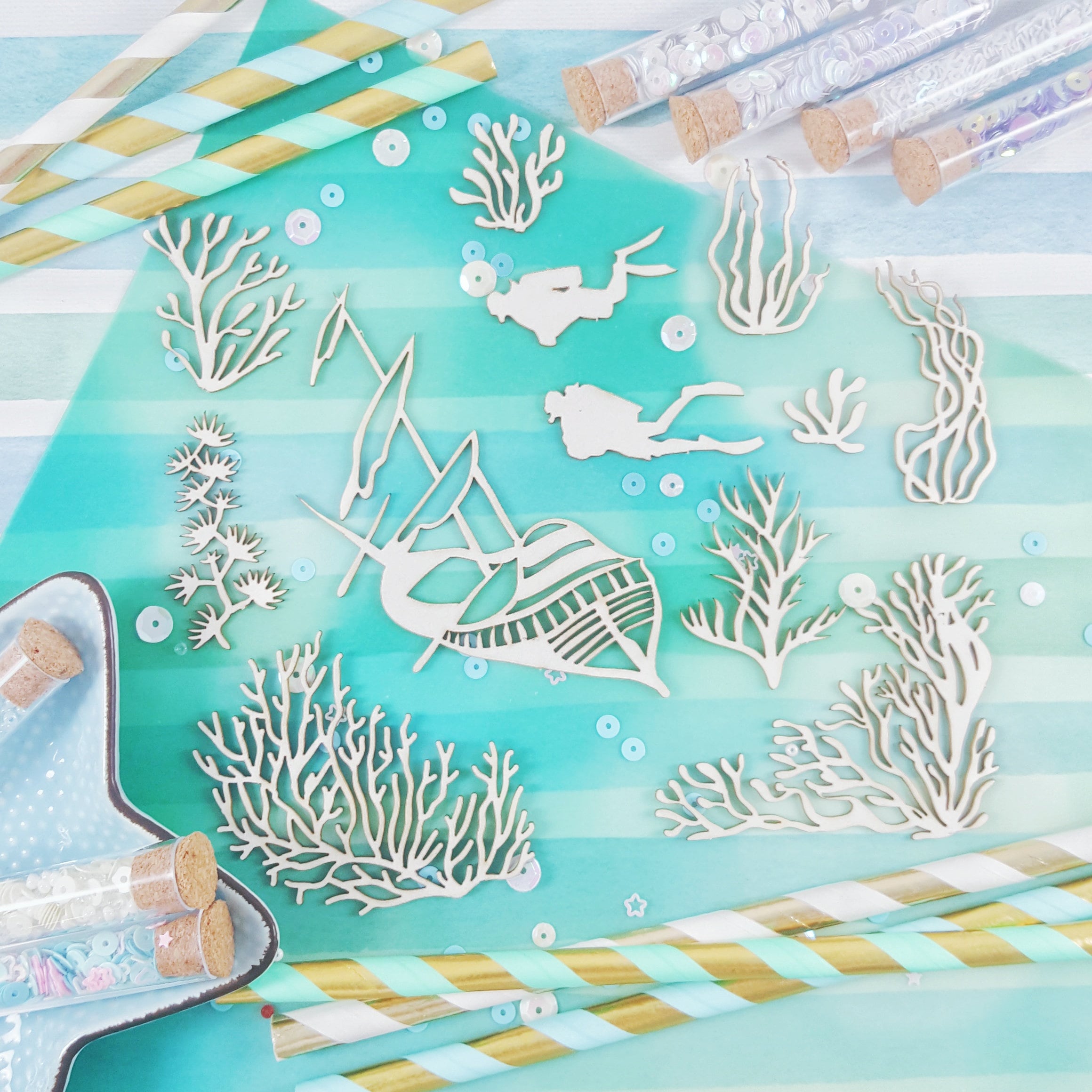 Laser Cut Chipboard - Diving, corals. Embellishments for Card Making, Scrapbooking and Crafting