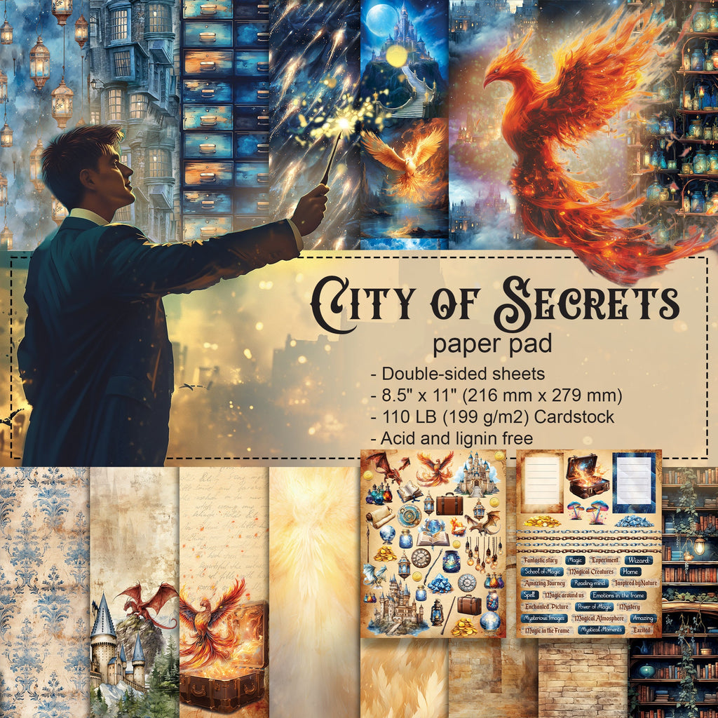 Scrpabook Paper pad - City of Secrets - Double Sided Designs - 8.5" x 11" - Cardstock