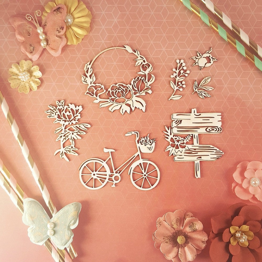 Chipboard, Laser Cut Chipboard, Chipboard Die Cuts, Laser Cut Board, Chipboard Shape, Floral mood, flowers, bicycle,bike, flower wreath
