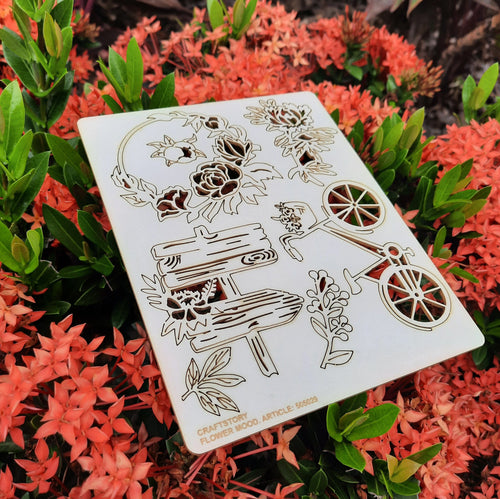 Chipboard, Laser Cut Chipboard, Chipboard Die Cuts, Laser Cut Board, Chipboard Shape, Floral mood, flowers, bicycle,bike, flower wreath